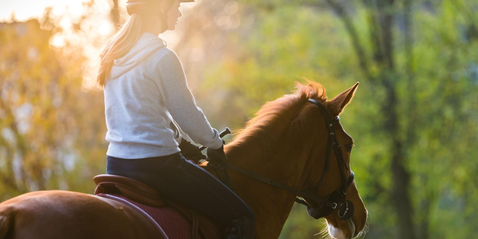 Young white woman rides a brown horse. 