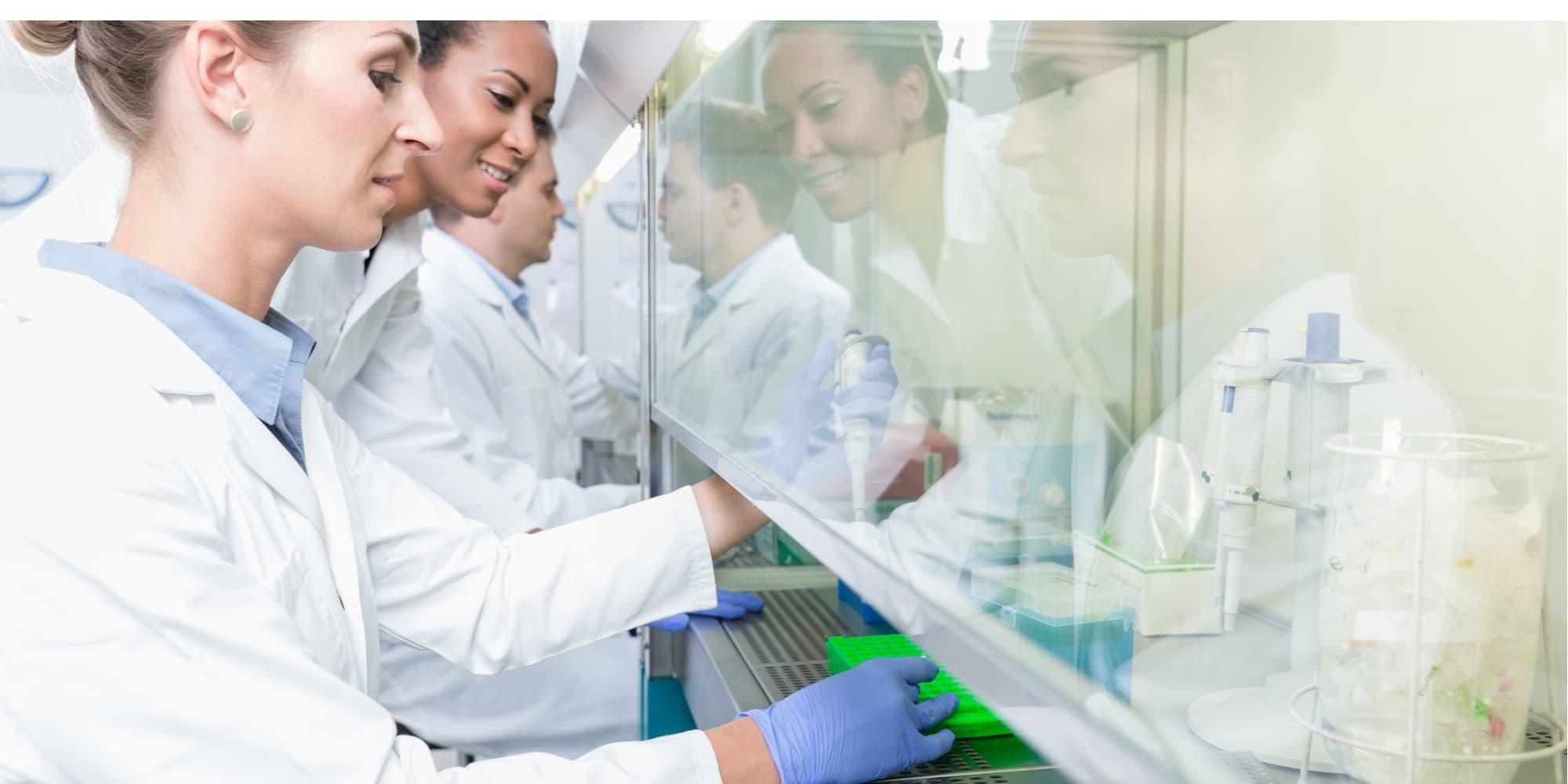 Three lab technicians conduct an under a fume hood.  